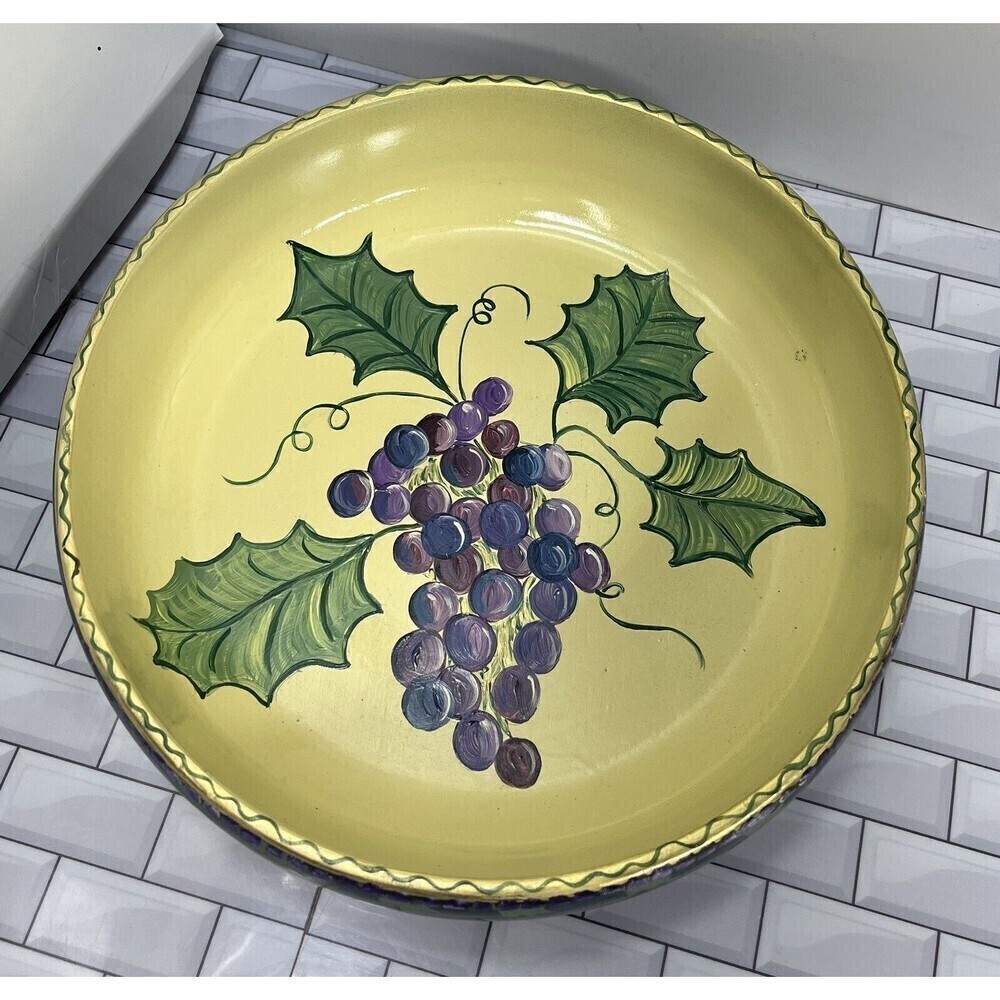 Vintage Wooden Bowl Hand Painted Folk Art Grapes Signed B.Grant 97’ Farmhouse